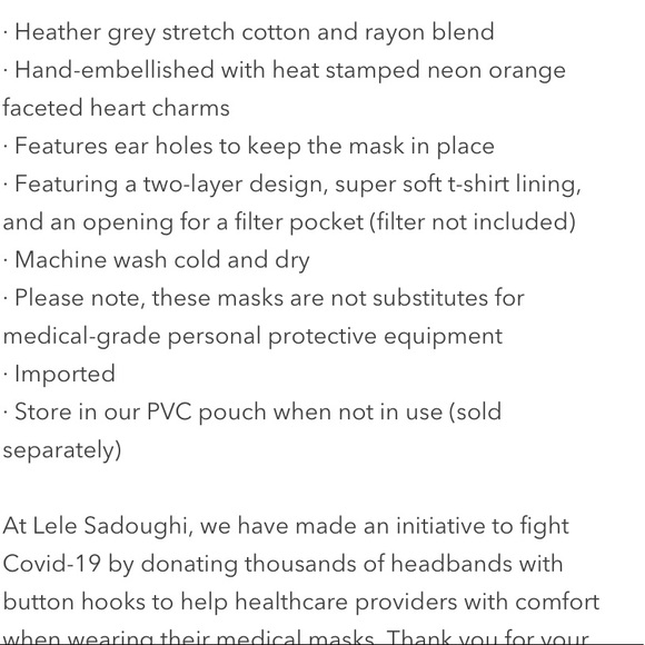 LELE SADOUGHI NWT AUTHENTIC HEATHER GREY HEART-STUDDED SOFT FACE MASK - Picture 5 of 5